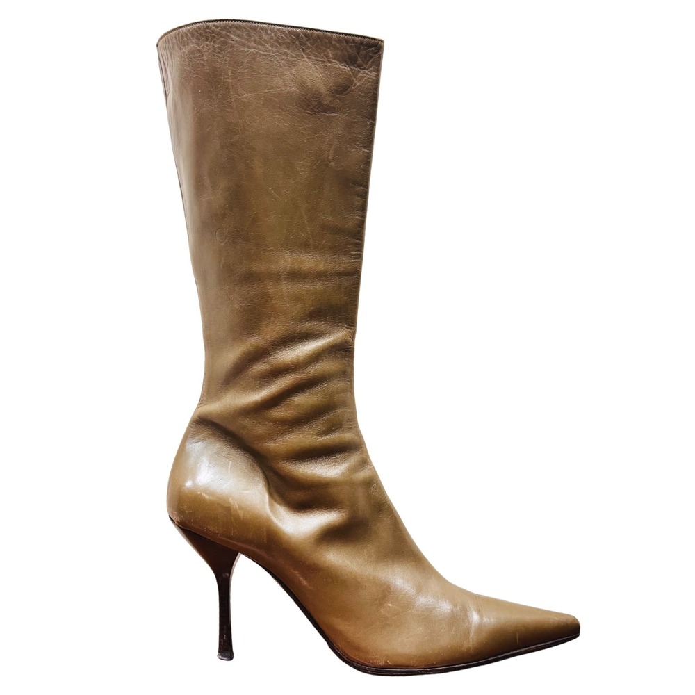 Vintage Moschino Olive Green Leather Pointed Toe Stiletto Boots Made in Italy 40